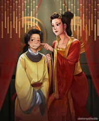  1boy aged_down axis_powers_hetalia cheek_poking china_(hetalia) china_dress chinese_clothes civilization_(series) civilization_v commentary crossover dress english_commentary female hanfu one_eye_closed photoshop_(medium) poking ponytail sherry_lai wu_zetian 