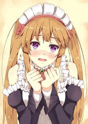  apron blush brown_hair commentary_request detached_sleeves elf female long_hair looking_at_viewer maid maid_headdress myucel_foalan open_mouth outbreak_company pointy_ears ponishi. purple_eyes solo twintails 