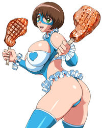  ass blue_leotard blue_thighhighs breasts brown_eyes clothing_cutout commentary_request cosplay female food green_eyes large_breasts leotard looking_at_viewer mask meat photoshop_(medium) rainbow_mika rainbow_mika_(cosplay) shopyun short_hair shoulder_cutout simple_background smile solo street_fighter thighhighs thighs tokimeki_memorial tokimeki_memorial_4 white_background yanagi_fumiko 