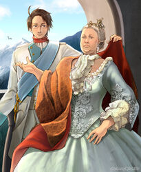  1boy austria_(hetalia) axis_powers_hetalia bird blue_eyes brown_hair civilization_(series) civilization_v cloud commentary crossover day dress female formal frown glasses looking_at_viewer maria_theresa sherry_lai sky 