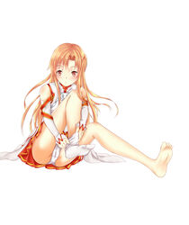  armor asuna_(sao) bad_id bad_pixiv_id bare_shoulders barefoot blush breastplate brown_eyes brown_hair detached_sleeves female highres long_hair long_legs panties single_thighhigh sitting skirt socks solo sword_art_online thighhighs thighhighs_pull tomoshibi underwear 