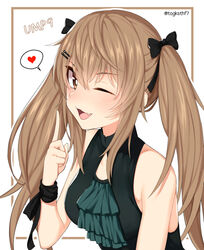  ;3 ;d ascot bare_shoulders black_bow black_dress blue_ascot blush bow breasts bright_pupils brown_eyes brown_hair character_name child_(isoliya) commentary dress english_commentary female girls&#039;_frontline hair_between_eyes hair_ornament hairbow hairclip hand_up heart highres index_finger_raised long_hair looking_at_viewer medium_breasts oerba_yun_fang official_alternate_costume one_eye_closed open_mouth ribbon sidelocks sleeveless sleeveless_dress smile solo speech_bubble spoken_heart twintails twitter_username two-tone_background ump9_(girls&#039;_frontline) ump9_(the_world&#039;s_melody)_(girls&#039;_frontline) wrist_ribbon 