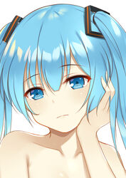  blue_eyes blue_hair breasts collarbone commentary expressionless female flan_(seeyouflan) hair_between_eyes hatsune_miku head_tilt highres long_hair looking_at_viewer nude photoshop_(medium) simple_background solo upper_body vocaloid white_background 