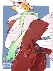  1boshi accipitrid accipitriform ass avian bald_eagle beak bird blonde_hair clothed clothing clothing_pull eagle hair hat headgear headwear lifewonders male muscular muscular_male open_clothing open_shirt open_topwear sea_eagle shirt solo speedo swimwear thunderbird_(tas) tokyo_afterschool_summoners topwear 