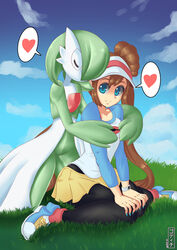  androgynous black_legwear blouse blue_eyes breasts brown_hair closed_mouth creatures_(company) female game_freak gardevoir gen_3_pokemon godichi grass hair_bun highres long_hair long_sleeves mei_(pokemon) nail_polish nintendo outdoors pantyhose pokemon pokemon_(creature) pokemon_(game) pokemon_bw2 shoes sitting skirt small_breasts smile sneakers twintails visor_cap wariza watch 