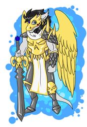  2010 amocin anthro armor clothed clothing dragon etalcon hair jewelry looking_at_viewer male melee_weapon mythological_creature mythological_scalie mythology paladin scalie simple_background solo sven_(amocin) sword tail teripets weapon wings 