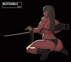  absurdres ammunition_belt ass bad_gun_anatomy bad_id bad_pixiv_id bikini black_background black_bikini black_footwear black_theme boots browning_m2 bypos cartridge closed_mouth cross-laced_footwear dark english_text female from_behind gloves grey_eyes grey_gloves grey_hair gun heavy_machine_gun highres holding holding_gun holding_weapon long_hair machine_gun muscular muscular_female original photoshop_(medium) profile realistic simple_background sitting solo swimsuit wariza weapon 