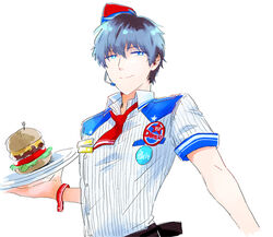  1boy 315diner_(idolmaster) ascot bad_id bad_pixiv_id badge burger button_badge employee_uniform food garrison_cap hat headset idolmaster idolmaster_side-m looking_at_viewer male_focus pinstripe_pattern plate red_ascot setsuo_(mosxsaito) short_sleeves smile solo striped takajo_kyoji tilted_headwear uniform upper_body waiter 