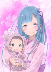  2girls alternate_universe baby bad_id bad_pixiv_id black_hair blue_eyes blue_hair carrying child_carry colorized derivative_work hair_ornament highres if_they_mated long_hair mother_and_daughter multiple_girls natsuki_spica official_art ootsuka_shin&#039;ichirou re:if_kara_hajimeru_isekai_seikatsu re:zero_kara_hajimeru_isekai_seikatsu rem_(re:zero) short_hair smile x_hair_ornament 