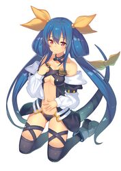  bare_shoulders black_thighhighs blue_hair breasts choker commentary_request dizzy_(guilty_gear) female guilty_gear hair_ribbon hajime_kaname highres kneeling long_hair medium_breasts no_wings red_eyes ribbon simple_background solo tail tail_ornament tail_ribbon thighhighs twintails underboob white_background yellow_ribbon 