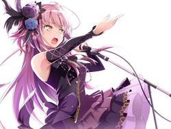  ahoge bang_dream! bare_shoulders blue_flower blue_rose blush breasts brooch commentary_request detached_sleeves dress earrings female flower gem hair_flower hair_ornament highres holding holding_microphone jewelry long_hair long_sleeves microphone minato_yukina necklace open_mouth outstretched_arms outstretched_hand pink_hair purple_dress purple_flower purple_rose rose shirowa simple_background solo sparkle very_long_hair white_background yellow_eyes 