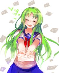  ^_^ artist_request blush closed_eyes female giving green_hair heart highres letter long_hair midori_gurin_(yandere_simulator) open_mouth outstretched_arms school_uniform serafuku smile solo source_request yandere_simulator 