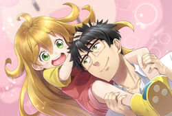  1boy ahoge amaama_to_inazuma black-framed_eyewear black_hair blonde_hair blush boots carrying closed_mouth collarbone collared_shirt commentary_request dutch_angle eyebrows father_and_daughter female glasses green_eyes hair_between_eyes hands_in_hair hands_on_another&#039;s_head inuzuka_kouhei inuzuka_tsumugi leg_grab lolicon long_hair looking_up over-rim_eyewear pink_background rubber_boots semi-rimless_eyewear shirt short_hair shoulder_carry smile tokumaro very_long_hair white_shirt wing_collar yellow_shirt 