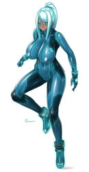  :&lt; artist_name ass_visible_through_thighs black_sclera bodysuit breasts clenched_hand colored_sclera commentary_request covered_navel covered_nipples curvy dark-skinned_female dark_samus dark_skin female full_body glowing glowing_eyes grey_eyes high_ponytail highres large_breasts metroid onomeshin photoshop_(medium) ponytail samus_aran simple_background solo standing super_smash_bros. white_background white_hair zero_suit 