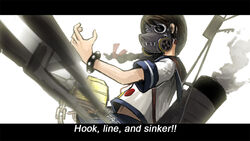  badge bracelet braid brown_hair cannon chains commentary_request cosplay ergot female gas_mask jewelry kantai_collection letterboxed license_plate mask motion_blur overwatch overwatch_1 red_ribbon ribbon roadhog_(overwatch) roadhog_(overwatch)_(cosplay) school_uniform serafuku simple_background single_braid smoke solo subtitled uranami_(kancolle) white_background 