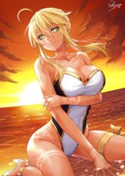  accessory_tan ahoge artoria_pendragon_(fate) artoria_pendragon_(lancer)_(fate) bare_shoulders beach bikini_tan braid breasts cleavage closed_mouth commentary_request covered_navel eyelashes fate/grand_order fate_(series) female french_braid green_eyes hair_between_eyes high_heels highres hip_focus horizon large_breasts long_hair looking_at_viewer ocean one-piece_swimsuit sakiyamama sandals sidelocks sitting smile solo sunlight swept_bangs swimsuit tan tanlines thigh_strap thighs two-tone_swimsuit wariza white_one-piece_swimsuit 