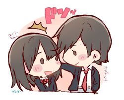  2girls ^^^ akb48 artist_name black_hair blazer blush bow bowtie character_name chibi commentary_request hand_in_pocket jacket kabedon long_hair long_sleeves looking_at_another mole multiple_girls murayama_yuiri necktie okada_nana real_life red_bow red_bowtie red_necktie short_hair taneda_yuuta upper_body 