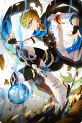  1boy ball black_gloves blonde_hair comiccho cross cross_earrings earrings fingerless_gloves glasses gloves highres jewelry looking_to_the_side male_focus official_art parted_lips red_eyes scarf shoes skorn soccer_ball soccer_spirits solo white_footwear white_legwear 