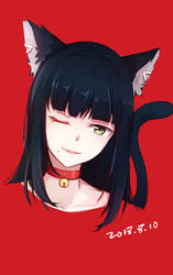  ;p absurdres animal_ears bell black_hair cat_ears cat_tail collar collarbone commentary_request dated earrings female gemi_25 green_eyes highres jewelry kurosawa_dia long_hair love_live! love_live!_sunshine!! neck_bell one_eye_closed portrait red_background simple_background smile solo tail tongue tongue_out 