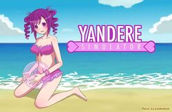  balderdash94123 ball beach beachball bikini bikini_skirt breasts copyright_name day drill_hair female kokona_haruka_(yandere_simulator) large_breasts ocean open_mouth outdoors purple_eyes purple_hair solo swimsuit yandere_simulator 