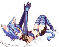  animal_ears arched_soles bad_id bad_pixiv_id bikini blue_bikini blue_eyes blue_gloves blue_hair blue_thighhighs braid cat_ears cat_tail commentary_request elbow_gloves female flat_chest full_body gloves groin hair_between_eyes heterochromia horns io_(pso2) looking_at_viewer lying navel nyanmaru_(ememing) on_back orange_eyes parted_lips phantasy_star phantasy_star_online_2 shiny_clothes shiny_skin short_hair side_braid simple_background solo striped_clothes striped_thighhighs swimsuit tail thighhighs white_background 