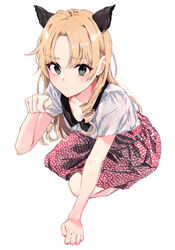  black_collar blonde_hair blush breasts cleavage closed_mouth collar collarbone cowboy_shot drill_hair earrings eyelashes female green_eyes hand_up jewelry leaning_forward long_hair looking_at_viewer medium_breasts miura_yumiko official_art paw_pose photoshop_(medium) ponkan_8 red_skirt semi-transparent shirt short_sleeves sidelocks simple_background skirt solo white_background white_shirt white_skirt yahari_ore_no_seishun_lovecome_wa_machigatteiru. 