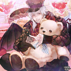  1boy ;) bat_wings black_gloves commentary_request gloves hat heart indoors kerberos_blade male_focus official_art one_eye_closed otani_(gloria) parted_lips purple_eyes purple_hat sitting smile stuffed_animal stuffed_toy teddy_bear watermark white_hair wings 