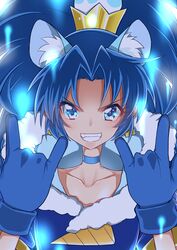  &gt;:) \m/ animal_ears blue_eyes blue_gloves blue_hair choker collarbone commentary_request crown cure_gelato double_\m/ earrings extra_ears eyelashes female fur_trim gloves gold_crown grin highres jewelry kirakira_precure_a_la_mode lion_ears long_hair looking_at_viewer pointed_crown precure smile smug solo tategami_aoi v-shaped_eyebrows yuto_(dialique) 