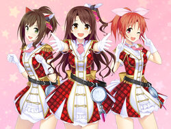  3girls :d ;d abe_nana across_the_stars_(idolmaster) animal_ears belt brown_eyes brown_hair cat_ears clock commentary_request dress epaulettes feather_hair_ornament feathers gloves hair_ornament idolmaster idolmaster_cinderella_girls idolmaster_cinderella_girls_starlight_stage ihara_asta long_hair maekawa_miku md5_mismatch multiple_girls one_eye_closed one_side_up open_mouth photoshop_(medium) plaid plaid_dress ponytail rabbit_ears shimamura_uzuki short_hair short_sleeves smile v white_gloves 