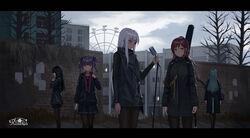  5girls aqua_hair bad_id bad_pixiv_id bang_dream! black_hair blush brick_wall building chernobyl cloud cloudy_sky commentary earrings ferris_wheel green_eyes guitar highres hikawa_sayo imai_lisa instrument jacket jewelry letterboxed long_hair microphone minato_yukina multiple_girls nail_polish outdoors overgrown pantyhose photoshop_(medium) pink_eyes pleated_skirt poster_(object) pripyat purple_hair red_hair roselia_(bang_dream!) shirokane_rinko skirt sky tree twintails udagawa_ako white_hair yellow_eyes yurichtofen 