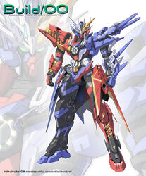  00_gundam armor commentary_request cross-zbuild_can cross-zbuild_form crossover glowing glowing_eyes gundam gundam_00 gundam_exia highres kamen_rider kamen_rider_build kamen_rider_build_(series) kamen_rider_cross-z looking_at_viewer mecha mechanical mechanization no_humans photoshop_(medium) robot science_fiction standing yanagi_joe 