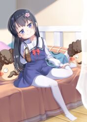  bed black_hair blue_dress blue_eyes blurry blurry_background blush_stickers brown_footwear closed_mouth commentary curtains depth_of_field dress female flower full_body hair_flower hair_ornament head_tilt higero_(wataten) highres holding holding_shoes indoors loafers long_hair long_sleeves no_shoes on_bed pantyhose pillow pink_flower sailor_collar sailor_dress school_uniform shirosaki_hana shirt shoes sitting sleeveless sleeveless_dress smile solo transparent unworn_shoes very_long_hair watashi_ni_tenshi_ga_maiorita! white_pantyhose white_ph white_sailor_collar white_shirt wooden_floor 