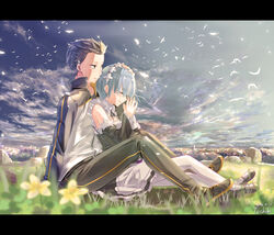  1boy bad_id bad_pixiv_id bare_shoulders bird black_hair blue_hair blurry closed_eyes dated day depth_of_field detached_sleeves female flower hair_ornament hand_on_another&#039;s_head letterboxed maid natsuki_subaru outdoors re:zero_kara_hajimeru_isekai_seikatsu rem_(re:zero) roswaal_mansion_maid_uniform short_hair sitting straight tochibi 