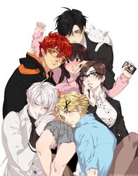  2girls 4boys 707_(susanghan_messenger) bisexual_female black_hair blonde_hair blush boy_sandwich breasts challele everyone feline formal glasses hair_ornament hairclip han_jumin harem highres kang_jaehee kim_yoosung large_breasts long_hair mixed_harem multiple_boys multiple_girls one_eye_closed phone protagonist_(susanghan_messenger) protected_link red_hair sandwiched shirt short_hair simple_background straight suit susanghan_messenger sweater white_background white_hair zen_(susanghan_messenger) 