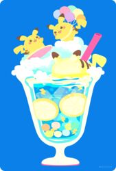  balloon blue_background character-themed_food cup drinking_glass drinking_straw flying_pikachu food food_focus fruit lemon lemon_slice no_humans pikachu pokemon pokemon_(creature) rizu_(rizunm) simple_background smile surfboard surfing surfing_pikachu twitter_username 