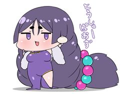  :d absurdly_long_hair baozi blush chibi china_dress chinese_clothes commentary_request dress fate/grand_order fate_(series) female food highres jitome long_hair looking_at_viewer low-tied_long_hair minamoto_no_raikou_(fate) minamoto_no_raikou_(traveling_outfit)_(fate) open_mouth purple_dress purple_eyes purple_hair rei_(rei_rr) simple_background smile solo standing translation_request very_long_hair white_background 