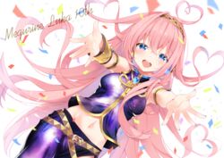  amulet anniversary arami_o_8 armlet asymmetrical_sleeves belt blue_eyes blush character_name commentary confetti cowboy_shot crop_top detached_sleeves dutch_angle female headphones heart long_hair megurine_luka midriff navel outstretched_arms pink_hair reaching reaching_towards_viewer shiny_clothes skirt smile solo uneven_sleeves very_long_hair vocaloid white_background 