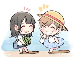  2girls ^_^ akb48 artist_name bag black_hair blue_shorts blush_stickers brown_hair chibi closed_eyes commentary_request food fruit hat holding holding_food holding_fruit holding_watermelon innertube long_hair multiple_girls murayama_yuiri notice_lines ocean okada_nana outdoors real_life sandals shirt shopping_bag short_hair short_sleeves shorts shoulder_bag standing summer sun_hat swim_ring t-shirt taneda_yuuta walking watermelon waving white_shirt 