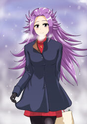  absurdres bag black_gloves blush breasts coat commentary_request contemporary female gloves highres jewelry jun&#039;you_(kancolle) kantai_collection long_hair looking_at_viewer magatama magatama_necklace necklace photoshop_(medium) purple_eyes purple_hair sangyou_haikibutsu_a smile solo spiked_hair sweater winter_clothes winter_coat 