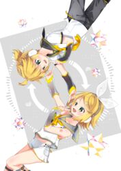  1boy arami_o_8 arrow_(symbol) black_sleeves blonde_hair bow bowtie collarbone commentary detached_sleeves feet_out_of_frame female fortissimo graphic_equalizer green_eyes grey_sailor_collar grey_sleeves hair_ornament hairbow hairclip headphones heart index_finger_raised kagamine_len kagamine_rin koi_dance neck_ribbon necktie pants polyhedron ponytail ribbon rotational_symmetry sailor_collar see-through see-through_sleeves shirt short_hair short_shorts shorts shoulder_tattoo small_stellated_dodecahedron smile symmetry tattoo vocaloid white_bow white_shirt yellow_bow yellow_bowtie yellow_necktie yellow_ribbon 