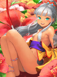  anklet aqua_eyes bangs barefoot bow_(weapon) breasts commentary_request dark_skin detached_sleeves flower highres jewelry long_hair looking_at_viewer minigirl navel obi open_mouth oshiro_project oshiro_project_re ponytail reclining sara_manta sash silver_hair small_breasts smile solo urasoe_(oshiro_project) weapon wide_sleeves 