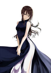  bare_arms bare_shoulders black_dress breasts brown_eyes brown_hair character_request chef_no_kimagure_salad closed_mouth commentary_request cowboy_shot dress female long_dress long_hair looking_at_viewer medium_breasts pants pants_under_dress pelvic_curtain simple_background sleeveless sleeveless_dress solo standing v_arms vietnamese_dress white_background white_pants 