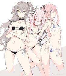  3girls absurdres bikini blue_eyes blush breasts choker contrapposto cowboy_shot crossed_arms eyebrows_visible_through_hair eyepatch_bikini flat_chest from_side girls_frontline gluteal_fold greyscale hair_between_eyes hand_on_another&#039;s_shoulder hand_on_hip headgear highres locked_arms long_hair looking_at_viewer m4_sopmod_ii_(girls_frontline) monochrome multicolored_hair multiple_girls navel oerba_yun_fang one_eye_closed one_side_up open_mouth parted_lips pink_hair prosthesis prosthetic_arm red_eyes red_hair scar scar_across_eye shanyao_jiang_tororo side-tie_bikini sidelocks silver_hair simple_background small_breasts smile st_ar-15_(girls_frontline) string_bikini swimsuit thighs ump45_(girls_frontline) yellow_eyes 