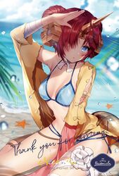  arm_behind_back bandaid barefoot beach between_legs bikini blue_bikini blue_eyes blurry blurry_background blush breasts commentary_request day depth_of_field double_bun fate/grand_order fate_(series) female frankenstein&#039;s_monster_(fate) frankenstein&#039;s_monster_(swimsuit_saber)_(fate) frankenstein&#039;s_monster_(swimsuit_saber)_(first_ascension)_(fate) hair_bun hair_ornament hair_over_one_eye hand_between_legs hand_up headgear heterochromia horns large_breasts long_sleeves looking_at_viewer mechanical_horns multi-strapped_bikini navel necomi off_shoulder outdoors palm_tree parted_bangs parted_lips red_hair sand single_horn sitting solo swimsuit thank_you tree wariza yellow_eyes 