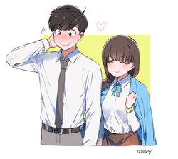  1boy ^_^ ahoge bad_id bad_pixiv_id belt_buckle black_hair blue_jacket blunt_bangs blush borrowed_clothes braid breasts brown_hair buckle closed_eyes closed_mouth collared_shirt couple cropped_legs eyebrows female formal grey_necktie grey_pants hair_over_shoulder happy heart jacket jacket_on_shoulders jyushimatsu&#039;s_girlfriend long_hair long_sleeves looking_at_viewer matsuno_jyushimatsu medium_breasts mery_(yangmalgage) motion_lines necktie osomatsu-kun osomatsu-san osomatsu_(series) pants red_skirt shirt skirt smile straight suit white_background white_shirt wristband 