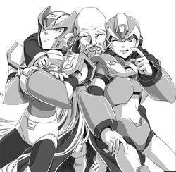  3boys android arm_around_shoulder bald beard closed_eyes commentary_request crossed_arms dr._cain_(mega_man) facial_hair fujino_yuuki gloves greyscale helmet long_hair male_focus mega_man_(series) mega_man_x_(series) monochrome multiple_boys old old_man one_eye_closed open_mouth smile teeth white_background x_(mega_man) zero_(mega_man) 