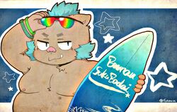  2018 anthro belly eyewear fykmrm ganglie_(tas) hi_res lifewonders male mammal mohawk moobs navel nipples overweight overweight_anthro overweight_male solo suid suina sunglasses surfboard sus_(pig) tokyo_afterschool_summoners tusks vehicle watercraft wild_boar 