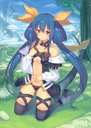  bare_shoulders black_thighhighs blue_hair breasts choker commentary_request dizzy_(guilty_gear) female grass guilty_gear hair_ribbon hajime_kaname highres kneeling landscape long_hair medium_breasts no_wings red_eyes ribbon solo tail tail_ornament tail_ribbon thighhighs twintails underboob yellow_ribbon 