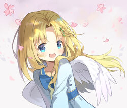  :d absurdres aliter bird_wings blonde_hair blue_bow blue_dress blue_eyes blush bow collarbone commentary dress feathered_wings female filo_(tate_no_yuusha_no_nariagari) flower grey_background hair_ornament hairclip highres long_hair looking_at_viewer open_mouth parted_bangs petals pink_flower simple_background smile solo tate_no_yuusha_no_nariagari upper_body white_wings wings 