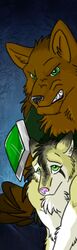  2010 amocin armor bookmark_design canid canine canis clothed clothing duo female forest fur looking_at_viewer male mammal mythological_canine mythological_creature mythology nagol_(amocin) plant teeth tree were werecanid werecanine werewolf wolf 